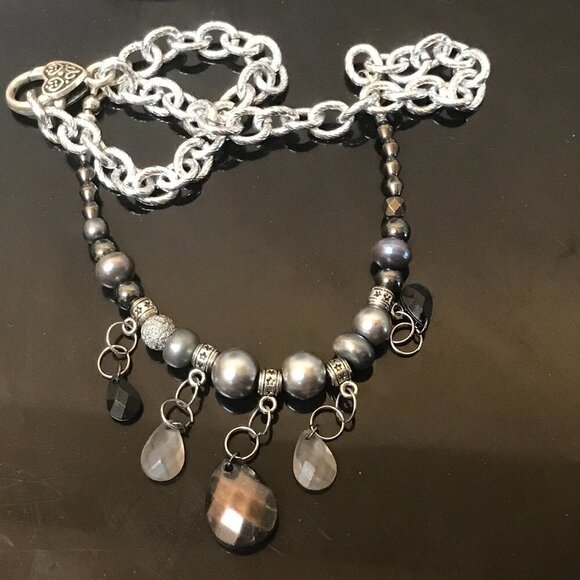 Handmade Jewelry - Handmade Fringe Necklace Bib Choker Chain NWT Beaded Silver Pearl Biker Festival